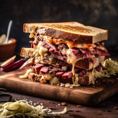  Reuben Sandwich:  A Culinary Symphony of Tangy Sauerkraut and Melting Swiss Cheese Awaits Your Palate!